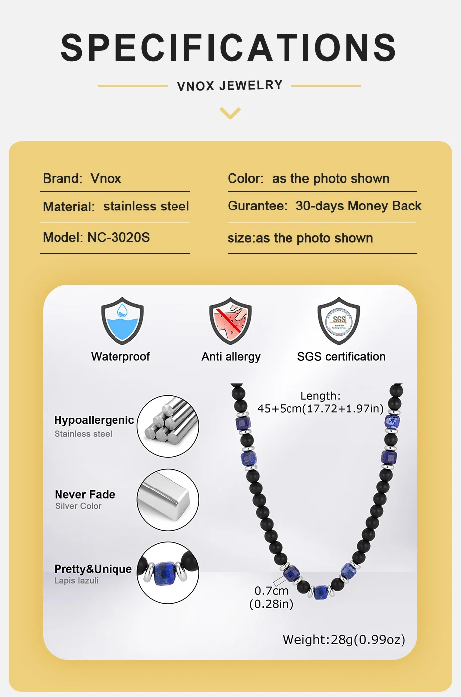 Vnox Herren-Perlenkette, mattschwarzer Onyx und Lapislazuli, Natursteinkette, verstellbare Länge, lässiger Alltagsschmuck für Männer, Geschenk – Detail 4