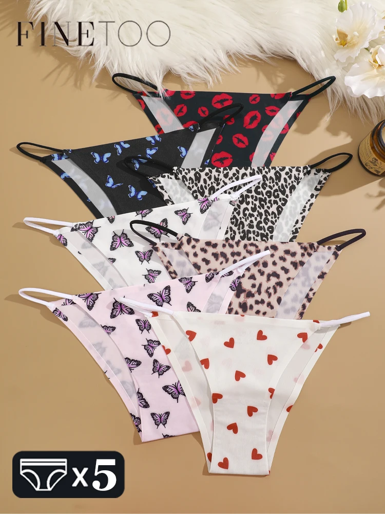 FINETOO 5Pcs Nahtlose Seide Leopard Unterwäsche frauen Höschen Blume Sexy Slip Weibliche Low-taille Stretch Bikini Dessous XS-XL