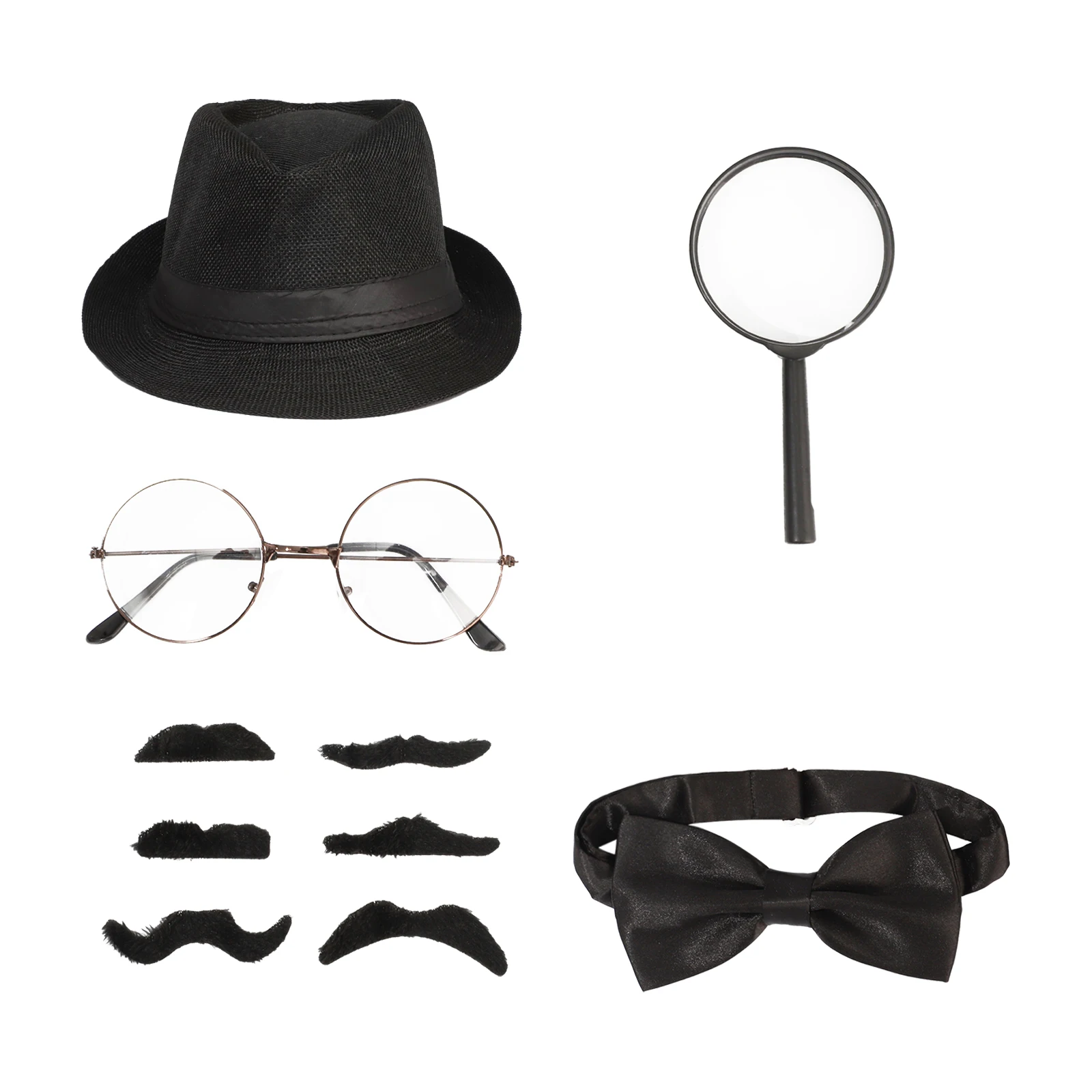 

Detective Costume Accessories Cosplay Props Hat Beard Glasses Bow Tie Magnifying Lens Sets for Performance Role Play Supplies