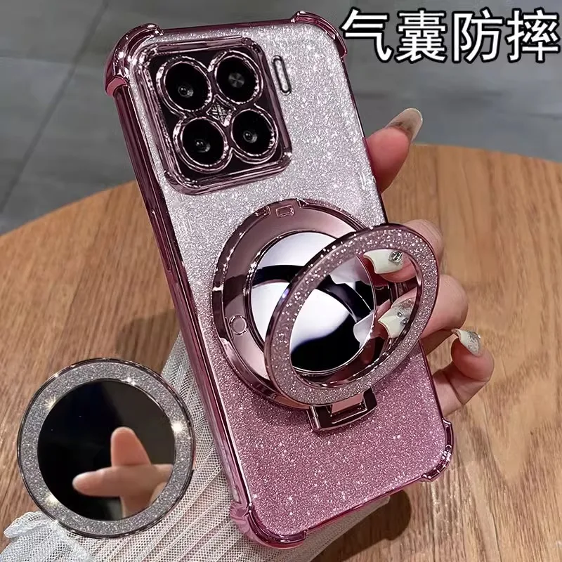 For Xiaomi 14T Pro Case Mirror Glitter Holder Luxury Camera Protection Plating Airbag Soft Silicone Shockproof Bumper Back Cover