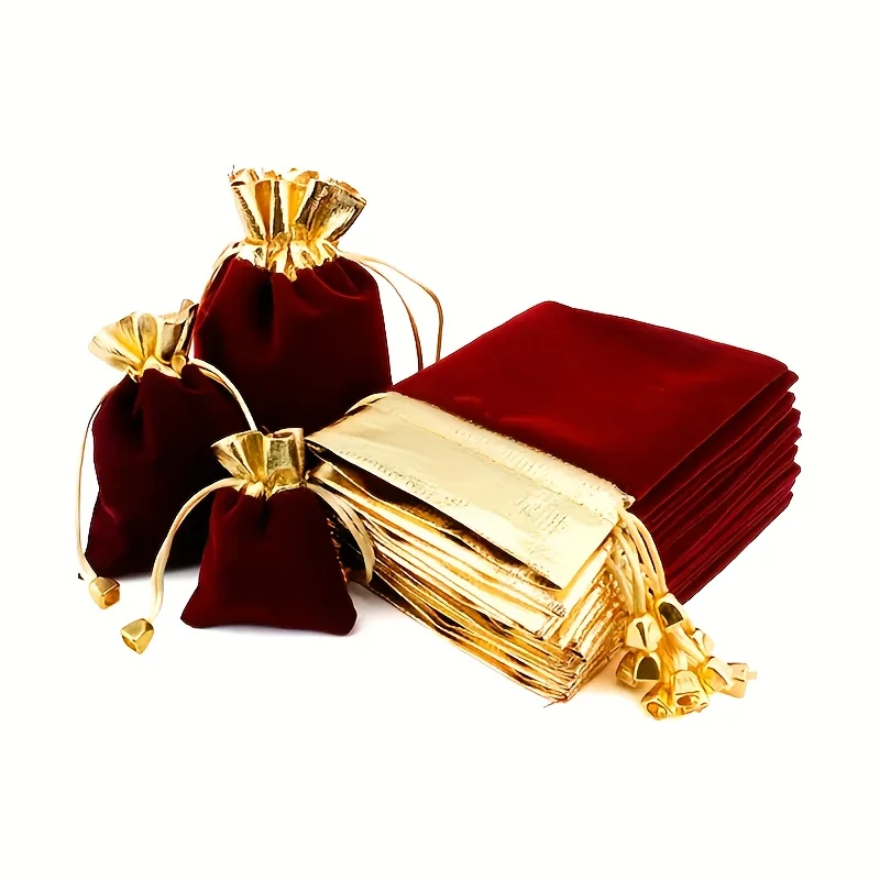 10pcs  Velvet Drawstring Pouches Gold Trim Metal Tip Small Storage Bags For Jewelry Wedding Candy Gift Packaging Multi Sizes