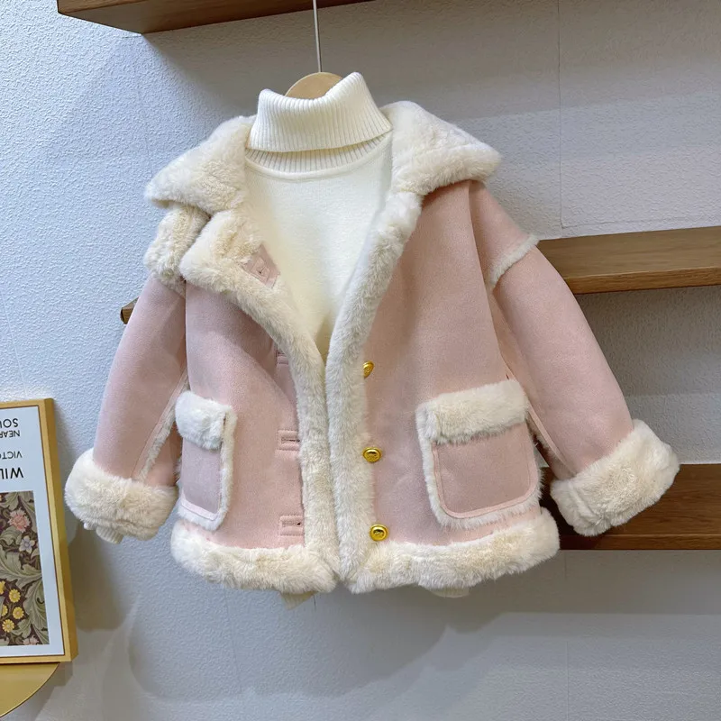 

Girls Winter Coats Stand Collar Thinken Fleece Tuede Jackets Fashion 3-10Years Old Children Solid Warm Outwear Overcoat