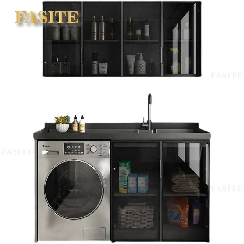 For Balcony Aluminum Laundry Cabinet with Quartz Stone Integrated Sink and Rubbing Board Simple Space Saving Washing Basin