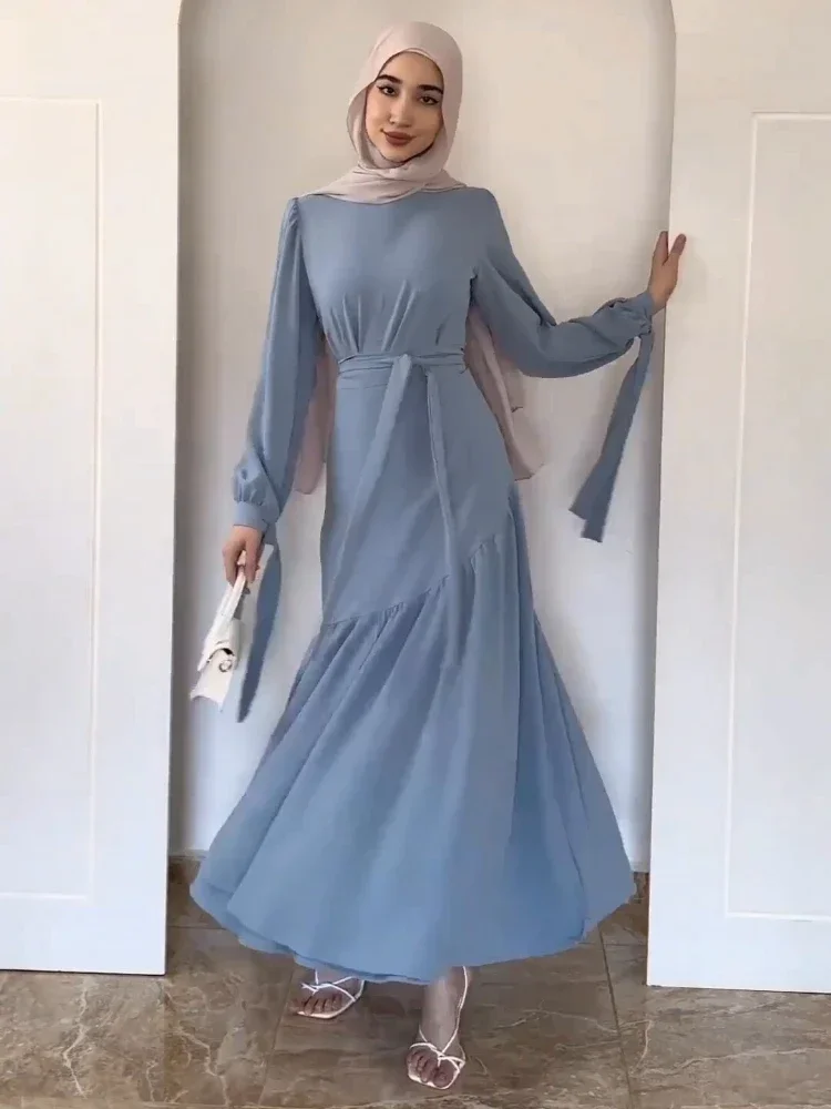 Women Two-piece Pleated Dress Temperament Elegant Muslim Long-sleeved Round Neck Tie Splicing Hem Slim High Waisted Female Suits