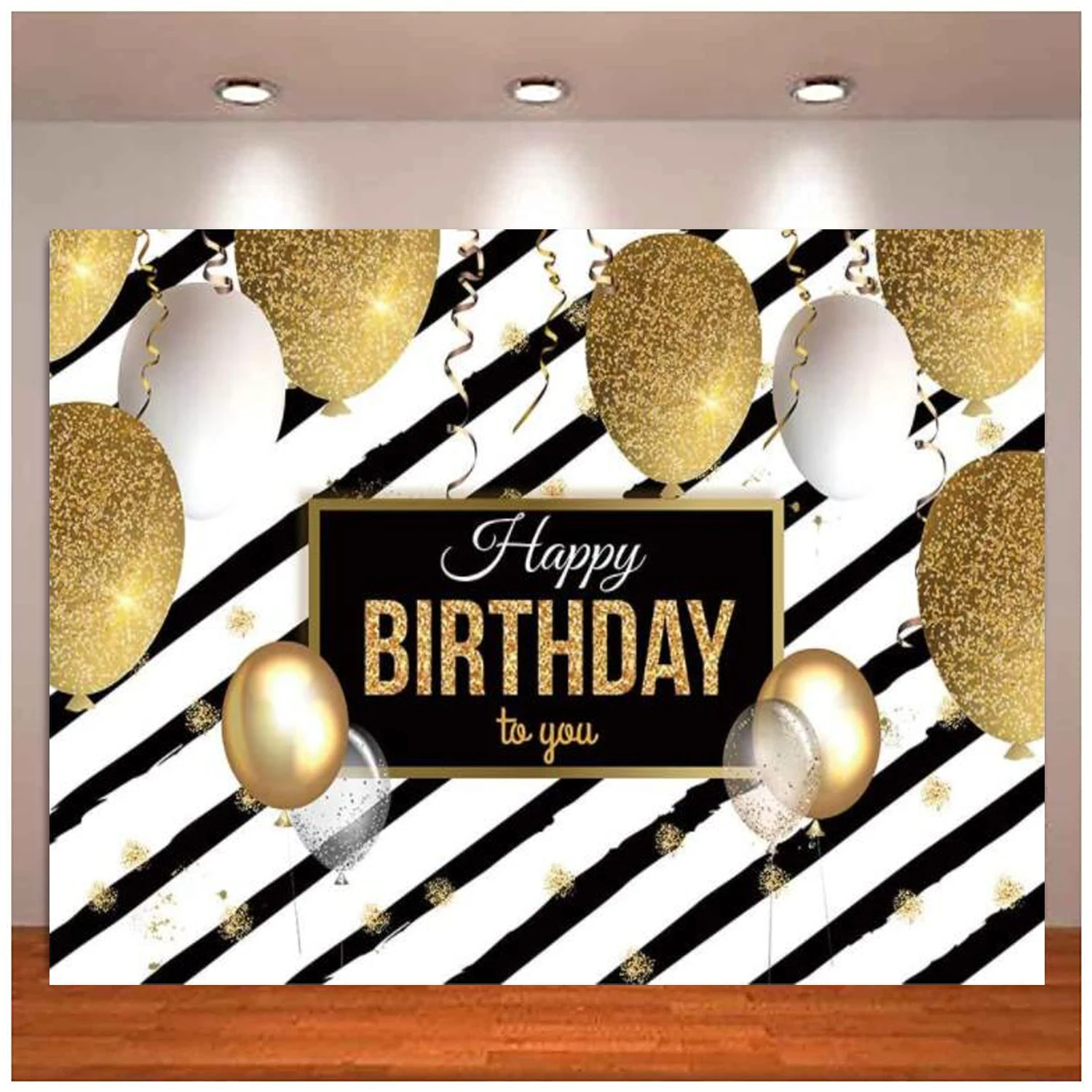 

Gold Happy Birthday Party Photography Backdrop Black Stripes Shiny Glitter Adults Party Decoration Background Golden Balloons