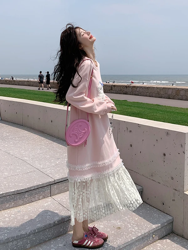 

Unique Women's Long Sve T-irt Dr Cartoon Lace Trim Mid-Length Spring Autumn 2025 New Sle High Waist Commute Sle