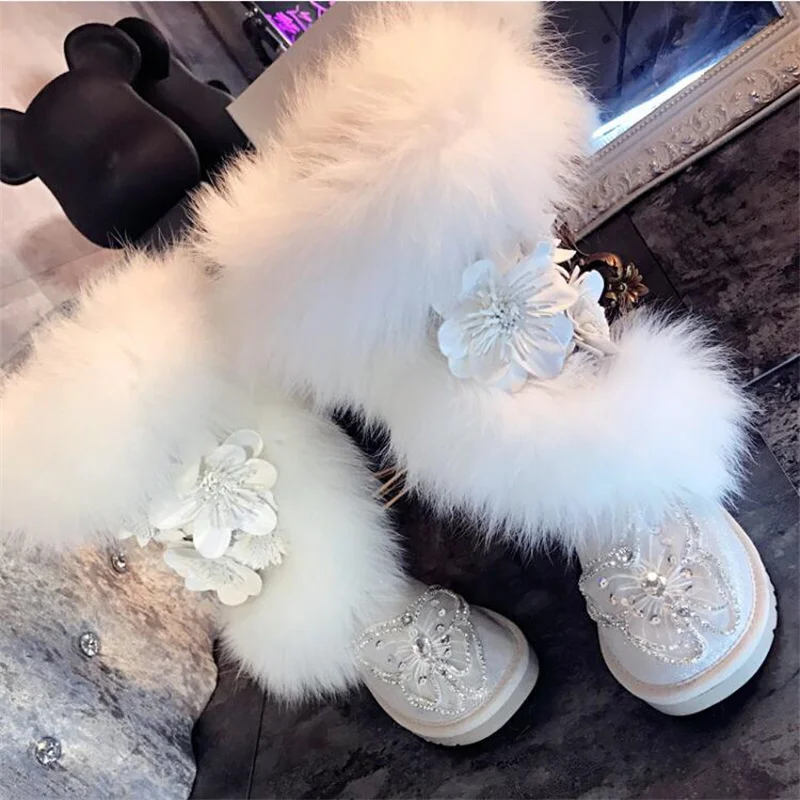 Oversized Fox Hair Flower Diamond Accessories Fur One Party Snow Boots Handmade Plus size white women's cotton shoes 35-44