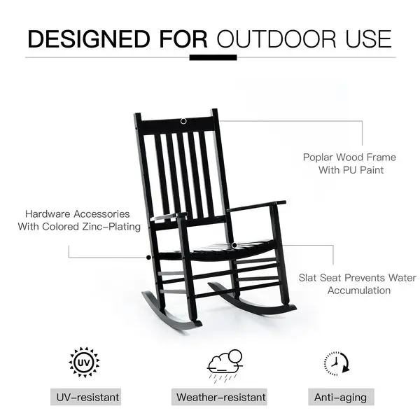 Outsunny Wooden Outdoor Rocking Chair with Armrests, High Back for Garden, Patio, Balcony, Porch, Black