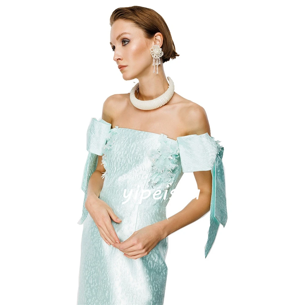 Customized Satin Flower Ribbon Cocktail Party Straight Off-the-shoulder Bespoke Occasion Gown Midi Dresses