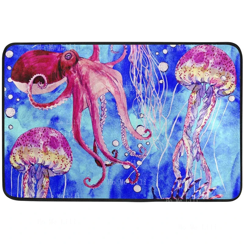 3D Sea Theme Blue Common Octopus Coastal Marine Jellyfish Lionfish Bright Print Flannel Floor Rugs Non Slip Indoor Outdoor