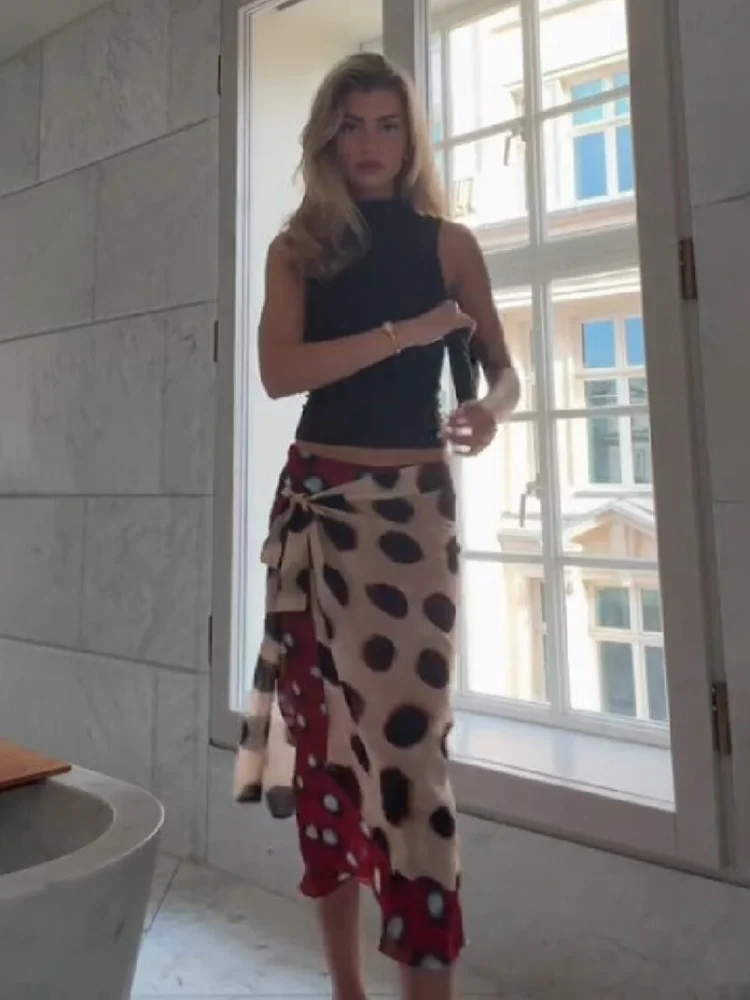 

Retro Elegant Polka Dot Wrap Skirt Color Block Flowy Chiffon Women Skirts Streetwear Casual Chic Trendy Versatile Streetwear
