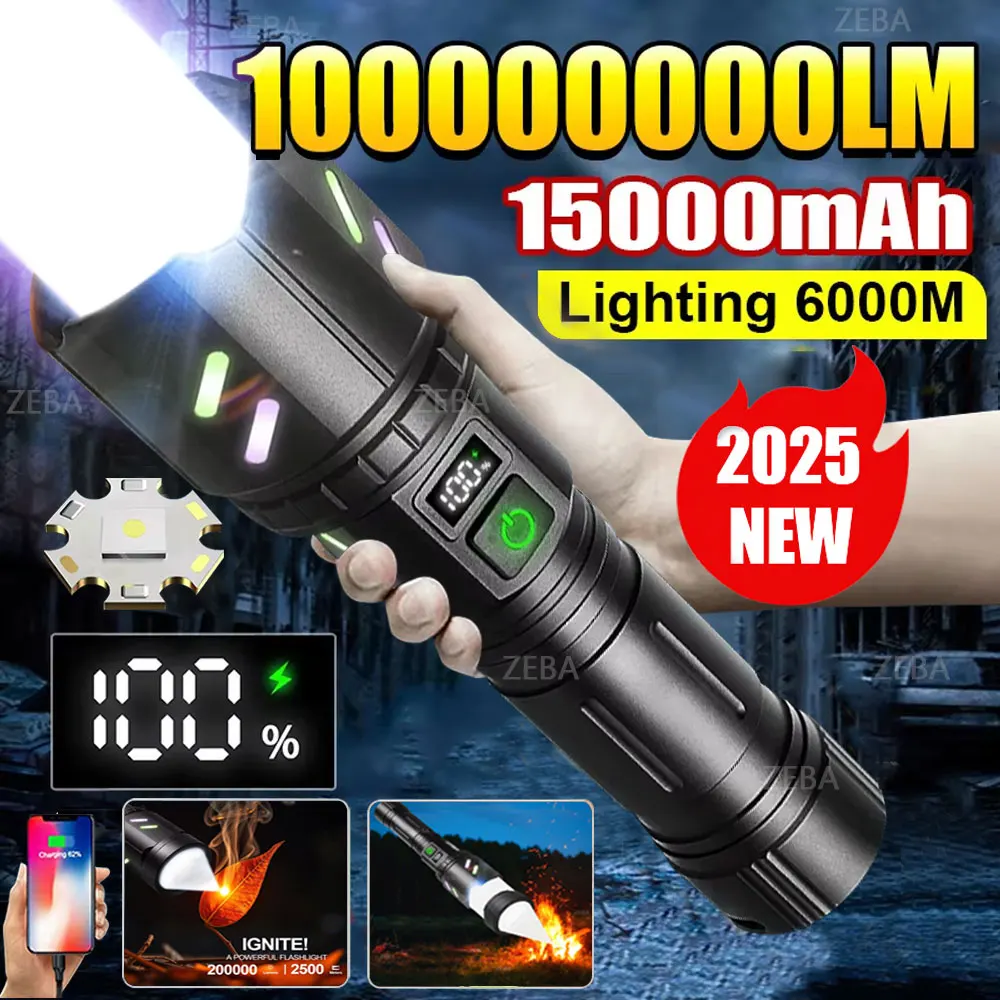 2026 New 15000mAh Firestarter Flashlights 100000LM Ultra Powerful Flashlight Zoom USB Rechargeable Lantern Outdoor Camping Torch