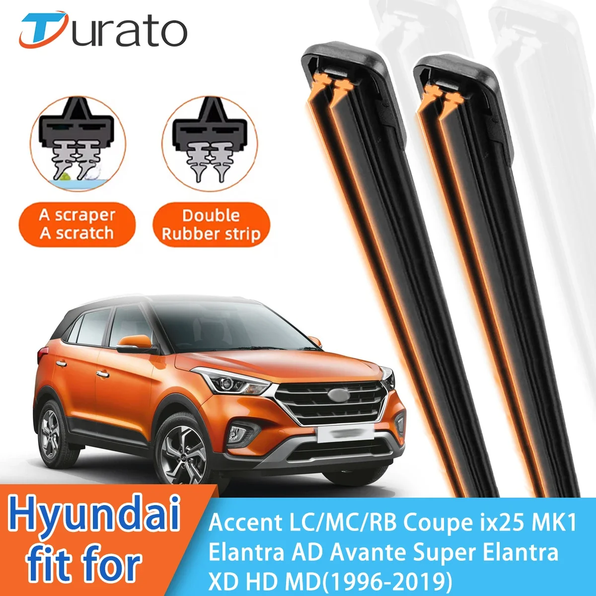 For Hyundai Accent LC/MC/RB Creta Ix25 MK1 Elantra AD/XD Front Windscreen Wipers Double Rubber Car Wiper Blades Car Accessories