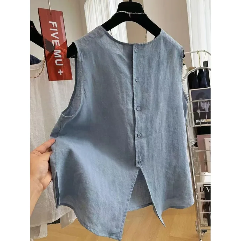 

plus Size Cotton Linen Shirt Women's Loose round Neck Summer New Style Fashionable Outerwear Long Sleeve Button up Color