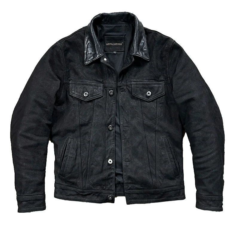 Black Spring Leather Jacket Men Retro Style Plus Size 4XL Genuine Natural Sheepskin Turn-Down Collar Single Breasted Denim Coat