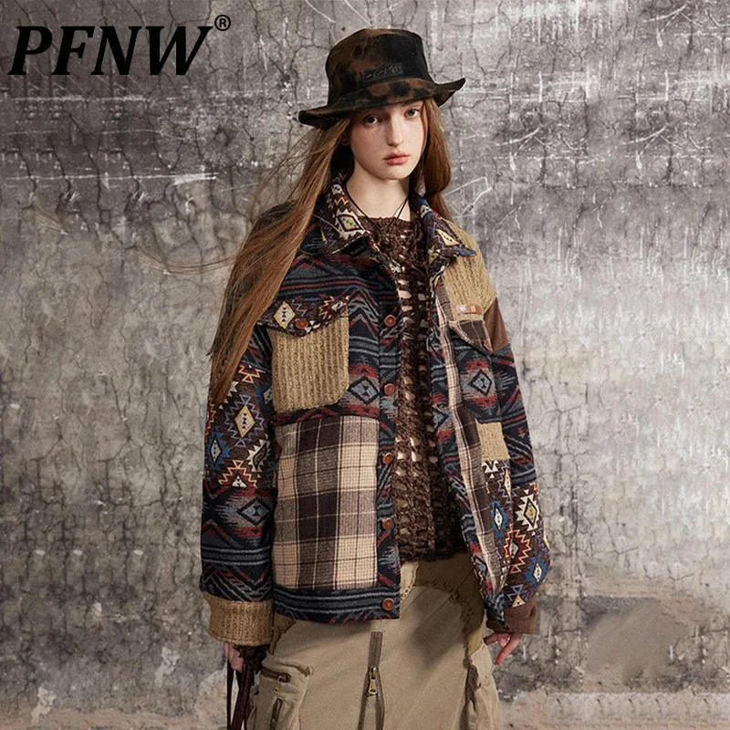 PFNW High Street Splicing Grid Design Lapel Jacket Men's American Style Contrast Color Coats 2024 Autumn Tops Trendy New 28W4885