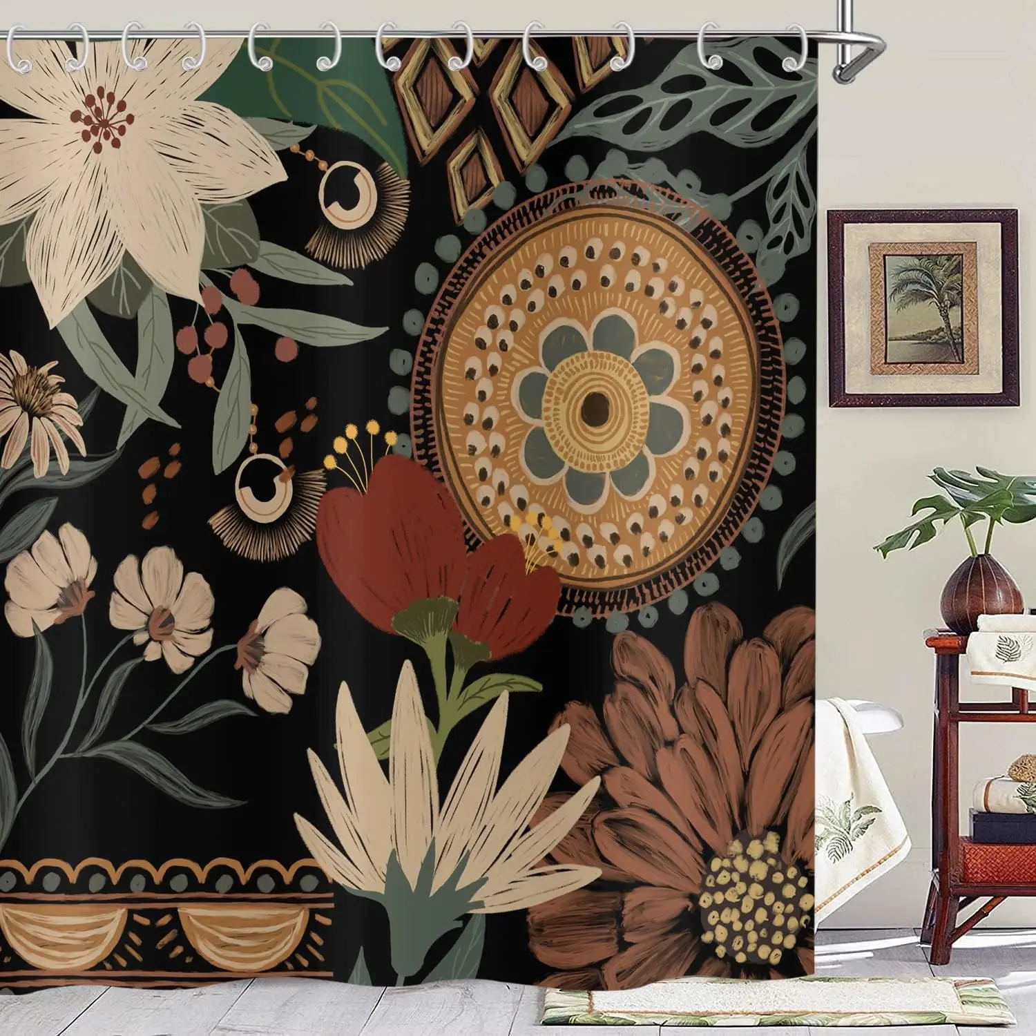 Bohemian Floral Shower Curtain 180x 200cm Black Vintage Abstract Floral Shower Curtain Mid Century Modern Waterproof