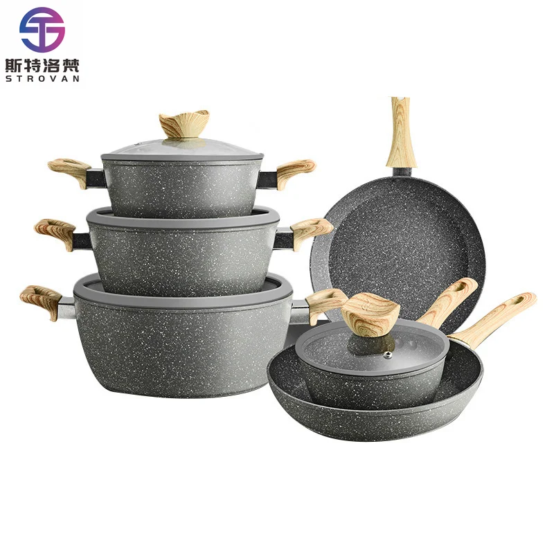 

High Quality NonStick Aluminum Cookware Pot Medical Stone Eco-friendly Cookware Pans and Pot Set With Silicone Rim Lid