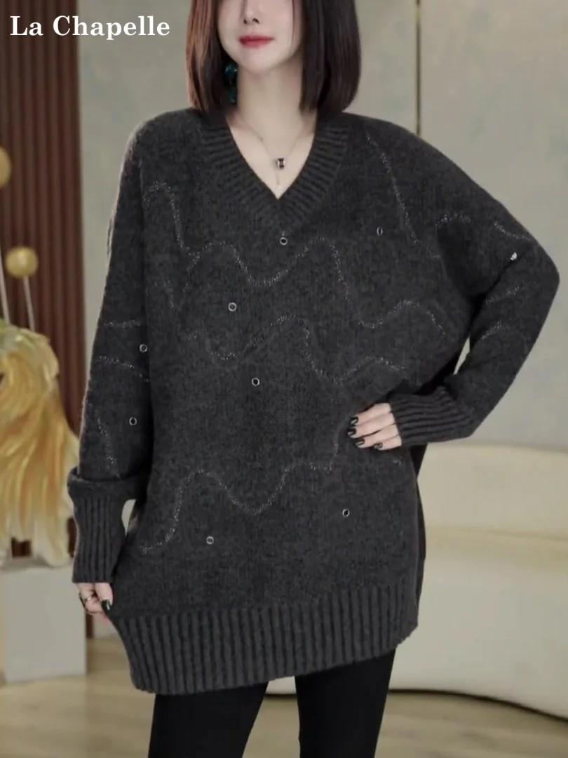 

La Chapelle Lazy Высококачественный тяжелый свитер с v-образным вырезом, женский весенне-осенне-зимний вязаный свитер средней длины, очень красивый