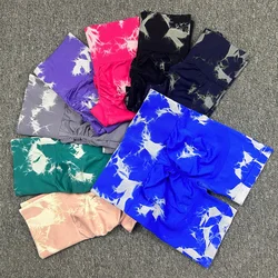 Shorts esportivos sem costura tie dye para mulheres, lixívia, cintura alta, ioga fitness, treino, ciclismo, motociclista, academia, verão