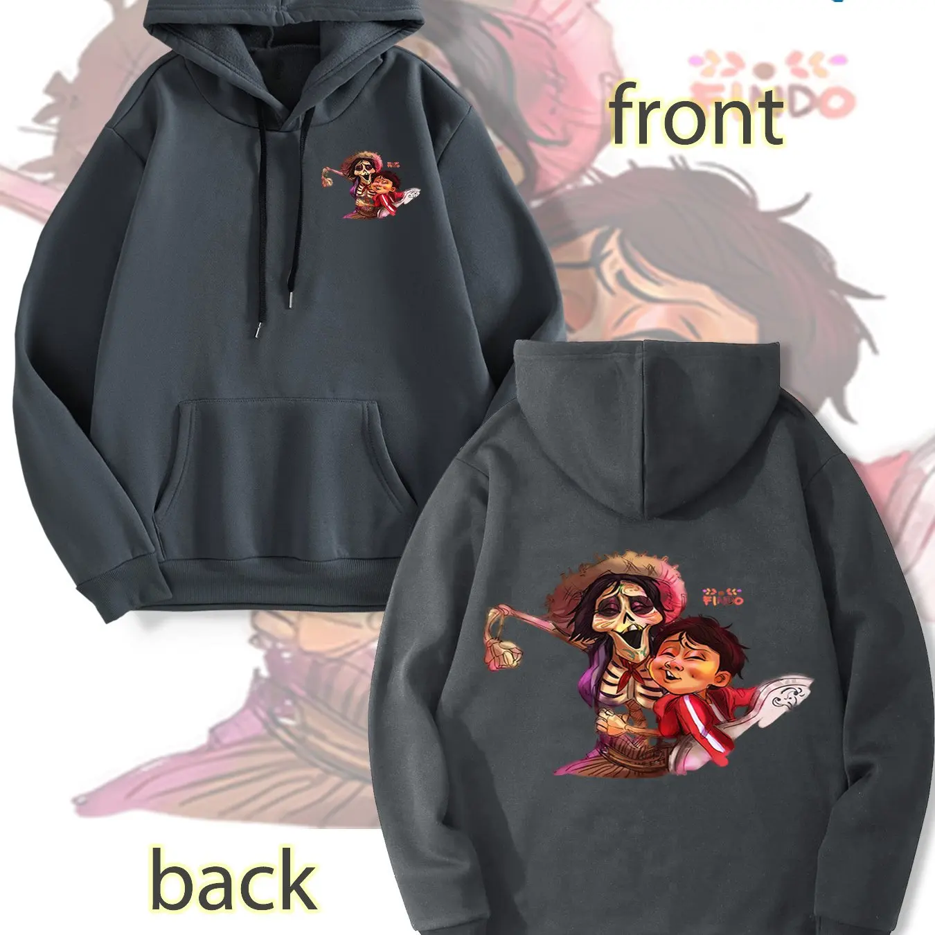 سويت شيرت بقلنسوة للزوجين من أزياء ديزني مع مطبوعات كرتونية كوكو على كلا الجانبين. هوديي عالي الجودة ومريح وغير رسمي.