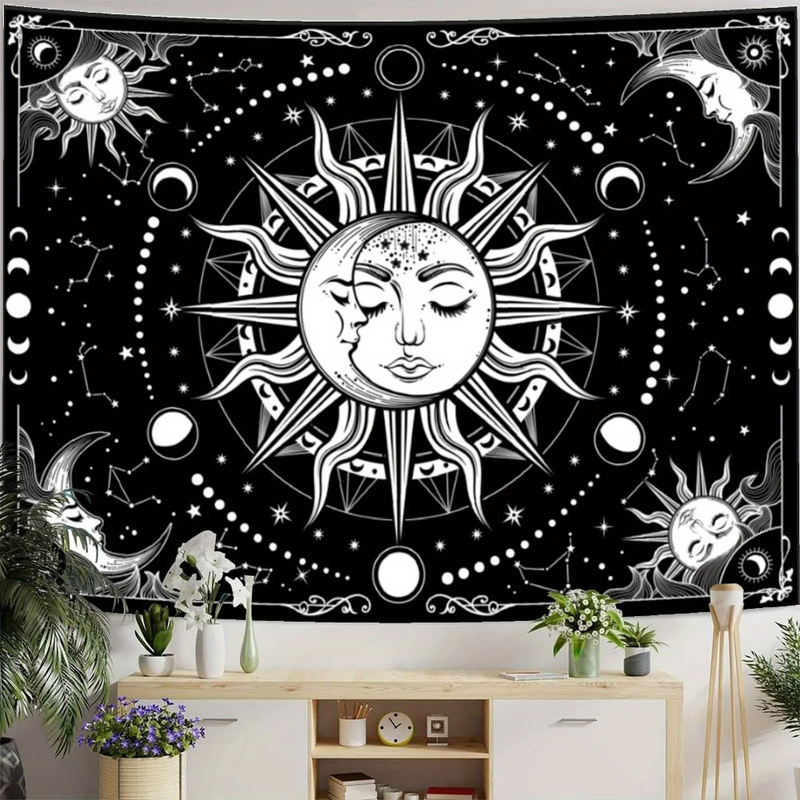 1pc Vintage Sun and Moon Tapestry Wall Hanging - Celestial mandala design with planets, stars and cosmic motifs