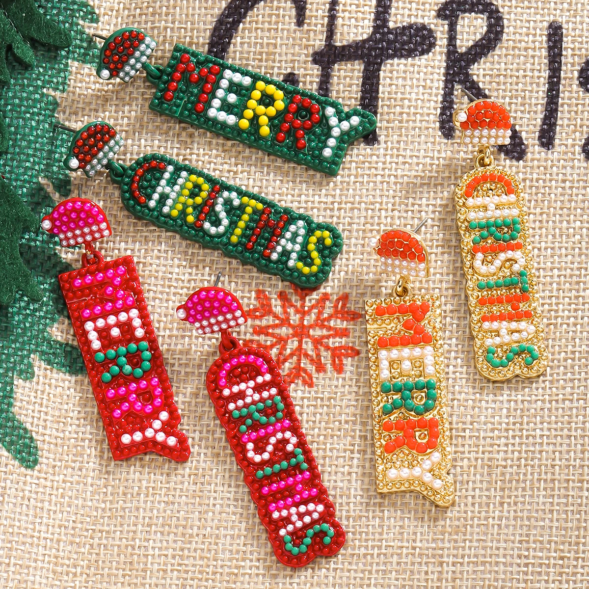 Best Lady Santa Hat Alphabet Drop Earrings Alloy Rice Beads Merry Christmas Earrings Forwomen Perfect for Christmas Gifts