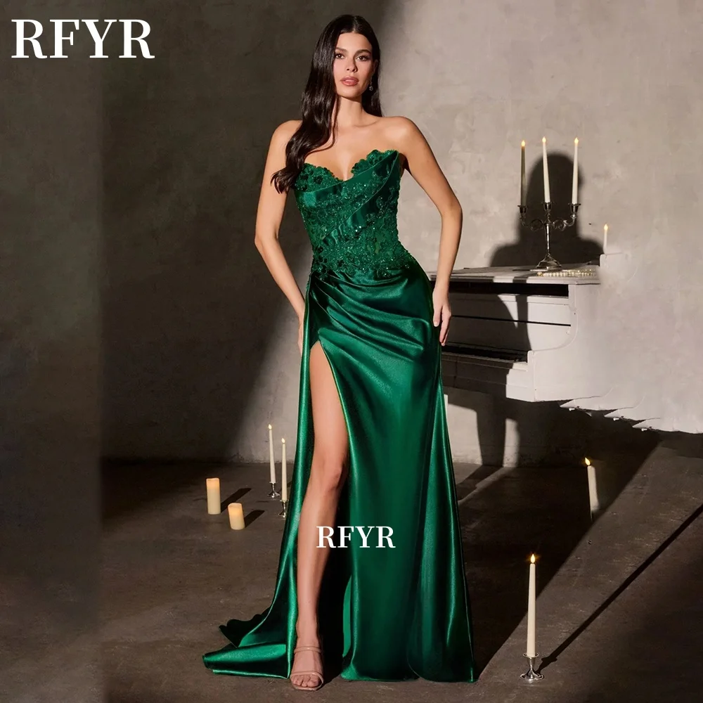 

RFYR Lace Applique Evening Dress High Slit Prom Dress Mermaid Party Dress Fish Boned Gala Dresses فساتين منا Customized
