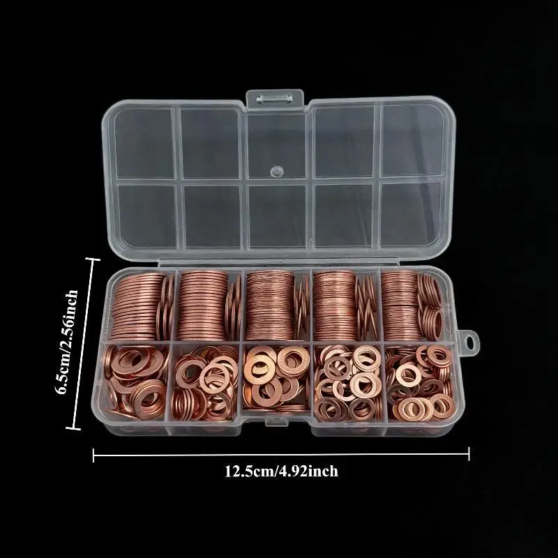 Copper Washer Gasket Assortment Kit 100Pcs M5-M14 Flat Seal Ring Set with Box for Garage Mechanics Home Repair Use