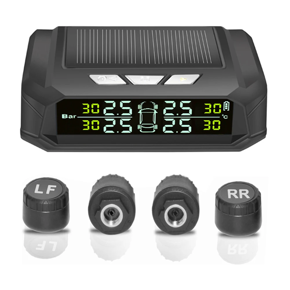 

Solar/USB Charging Wireless TPMS with 4 External Sensors Tire Pressure Monitor System LCD Display for RVs Trailers Cars