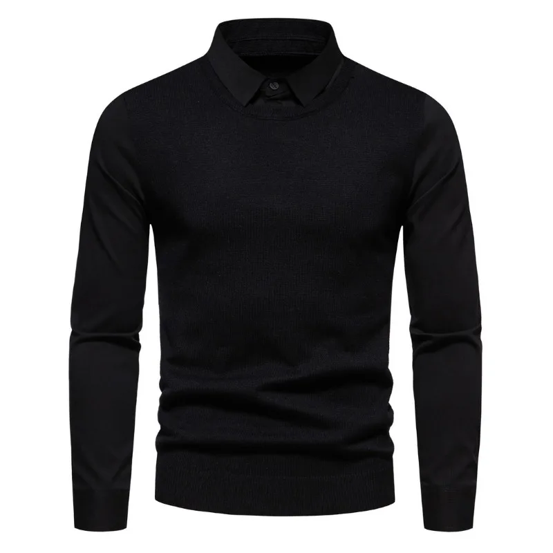 Autumn New Men's Solid Color Sleeve Shirt Collar Fake Two-piece Slim Fit Sweater Base Sweater Light Business Knit Sweater