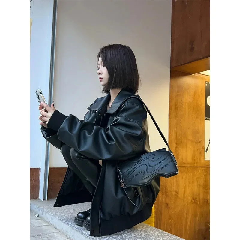 

Women Retro American High-End Slim PU Leather Black Jacket 2025 Spring Autumn Loose Trendy Motorcycle Top Solid Color Commuting
