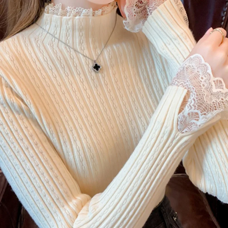 New Lace Trim Base Layer Top Women Spring Autumn Half Turtleneck Slim Fit Elegant Sweater Apricot Long Sleeve Knit Shirt