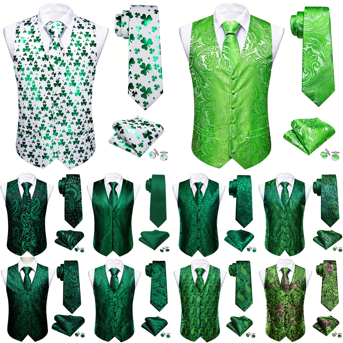 30 Colors Designer Silk Green Vest for Men Clover Paisley Plaid V Neck Waistcoat Tie Set Wedding St.Patrick\'s Day Barry Wang