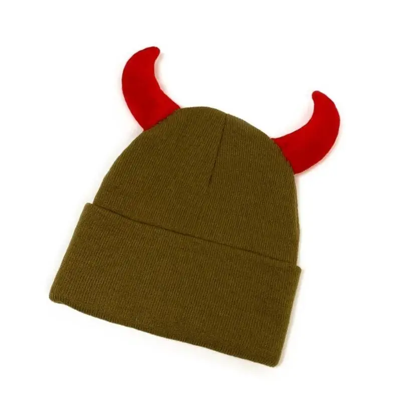 

39BD Cool Devil Horn Skull Hat for Adult Unisex Knitted Brimless Caps for Women Men Winter Warm Hat Halloween Costume Caps