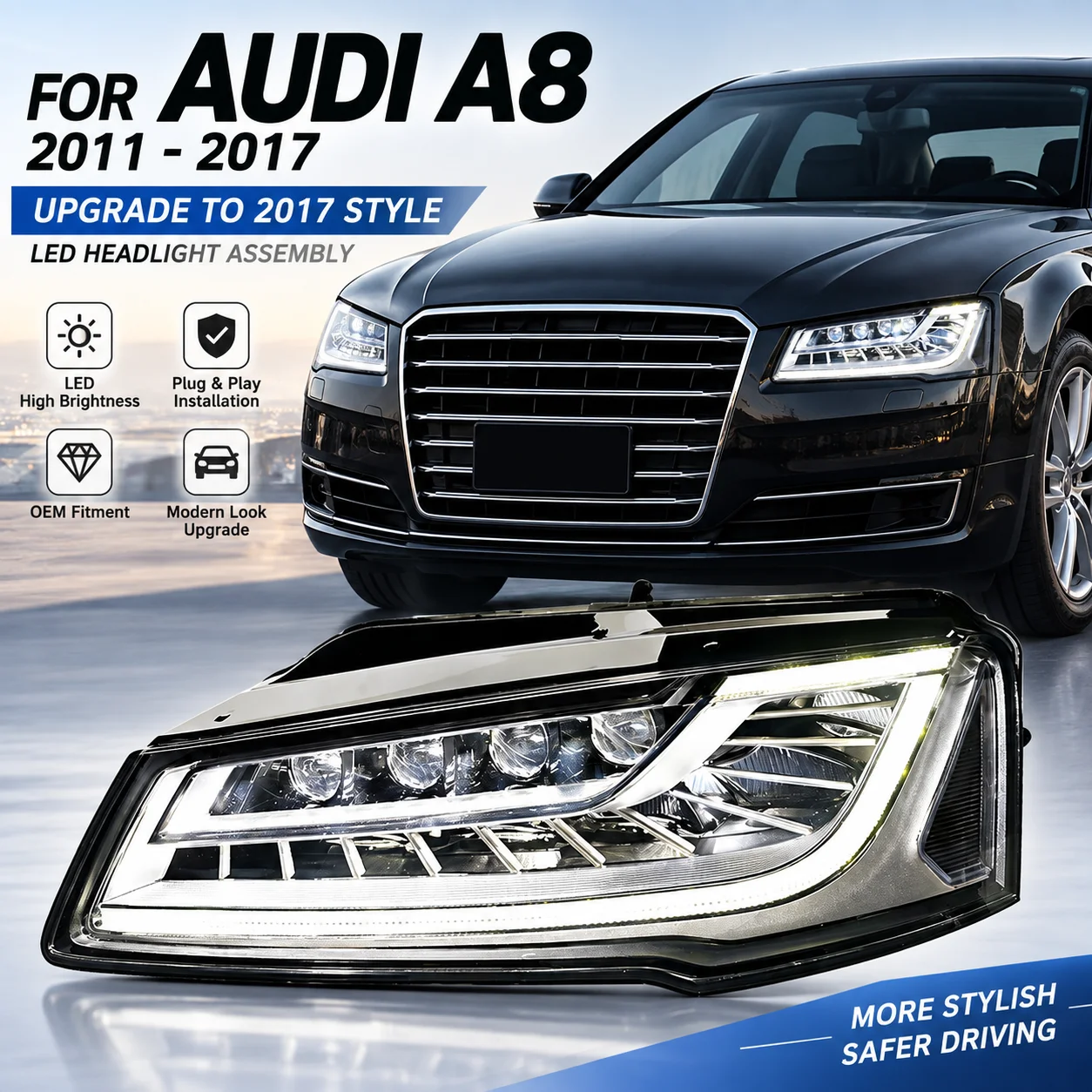 For Audi A8 D4 2011 2017 Headlights Facelift Upgrade Quad Projector Lens LED Sequential Turn Signal Smoked Black DRL Head Lamp