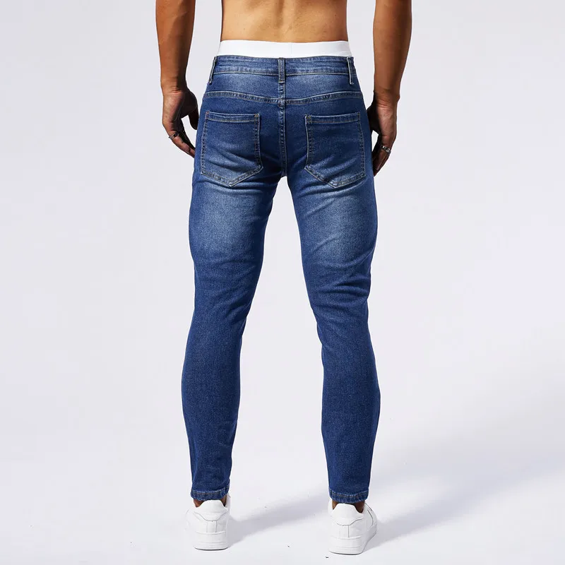 Pantalones vaqueros rasgados para hombre, Jeans ajustados, diseño de parche, moda urbana, elásticos, guapo, nuevo estilo, 2024