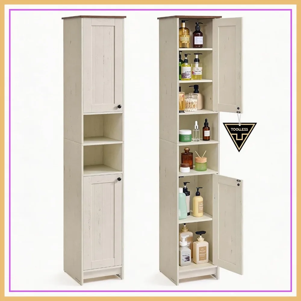 

67-Inch Tall Bathroom Storage Cabinet, Superfast Assembly, 11.8-Inch Wide Slim Cabinet with Adjustable Shelves, Rustic White