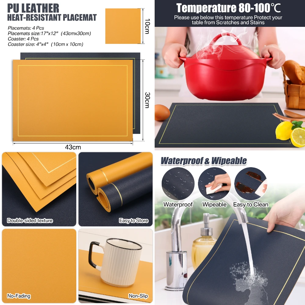 فو الجلود المفارش و كوستر مجموعات من 4 المزدوجة الوجهين بو الجدول حصيرة الساخن مقاومة مكان الحصير لطاولة الطعام زينة عيد الميلاد