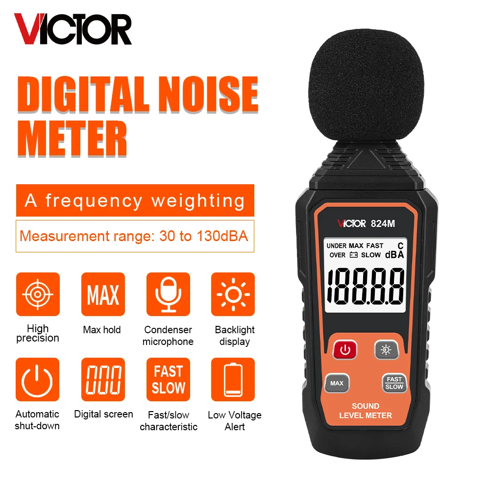 Victor 824M Digitaler Schallhebeltester Lärmmesser 30 ~ 130 dB Dezibel 5-stelliger Monitor Hintergrundbeleuchtungsanzeige Einfache Bedienung Instroment