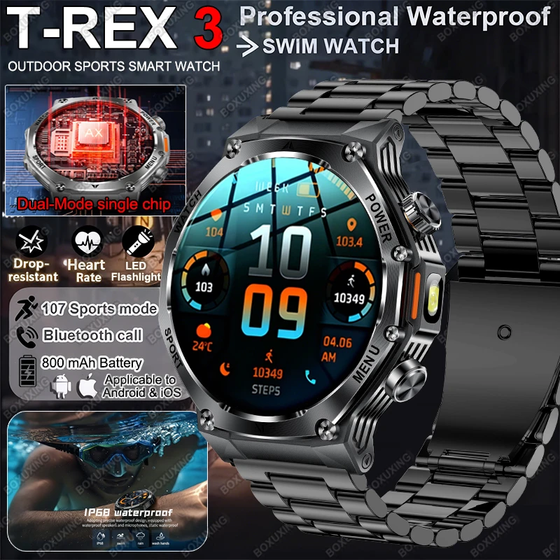 2026 New T-Rex 3 Military Grade Smart Watch Men 1000mAh Battery IP68 Waterproof Flashlight GPS Bluetooth Call Sports Smartwatch