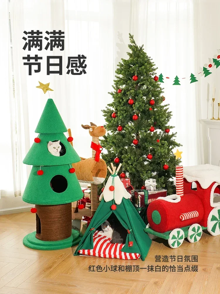 クリスマスぬいぐるみ猫の巣、ペットテント、猫の家、半閉鎖、取り外し可能な洗えるマット、暖かい冬の家