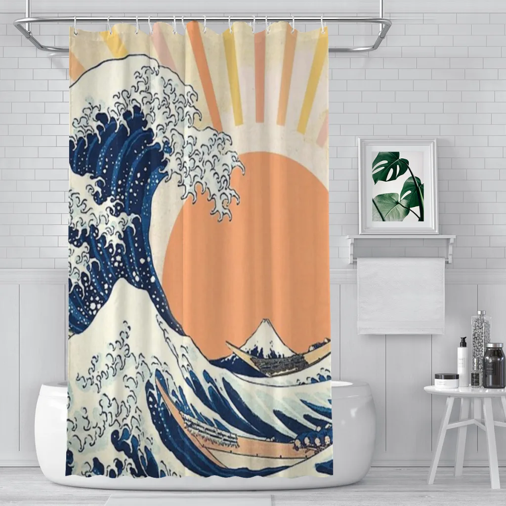 The Great Wave off Kanagawa Retro Vintage Sunset Shower Curtain Landscape Bath Curtain With Hooks for Bathroom waterproof