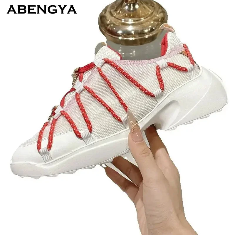 

2026 Autumn New Knitted Flat Shoes Women Round Toe Lace Up Daily Casual Sneakers Designer Party Vacation Walking Shoes For Women
