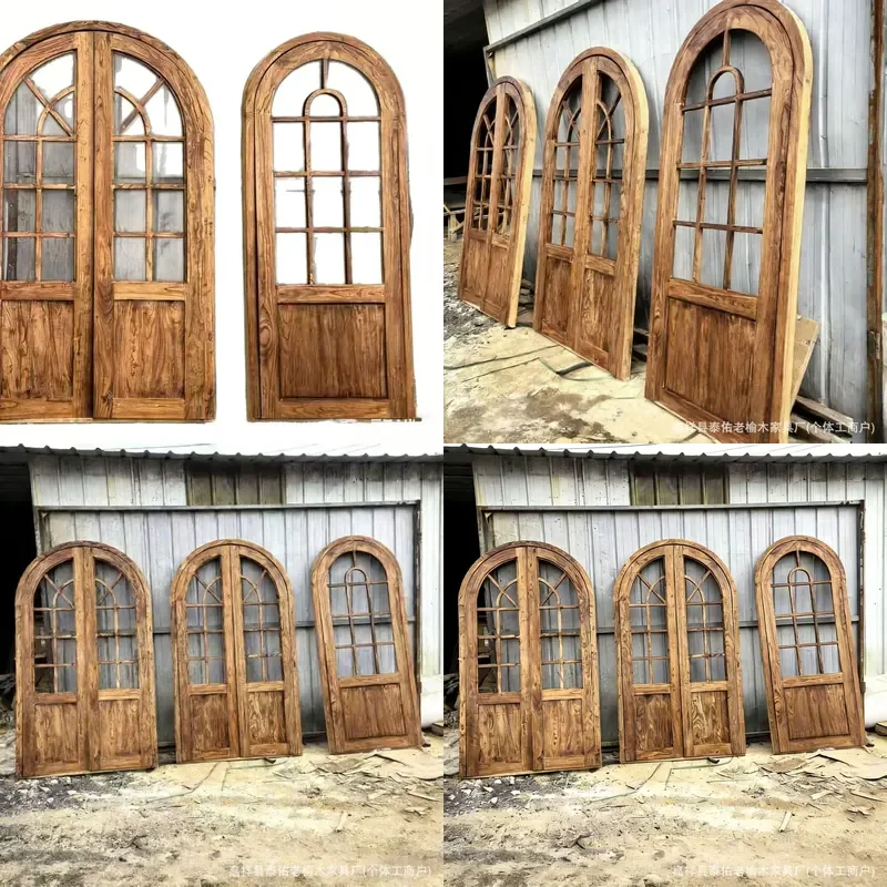 Vintage Arched Solid Elm Wood Interior Door with Glass Panel Retro Style for Cafe Milk Tea Shop Entrance Decor
