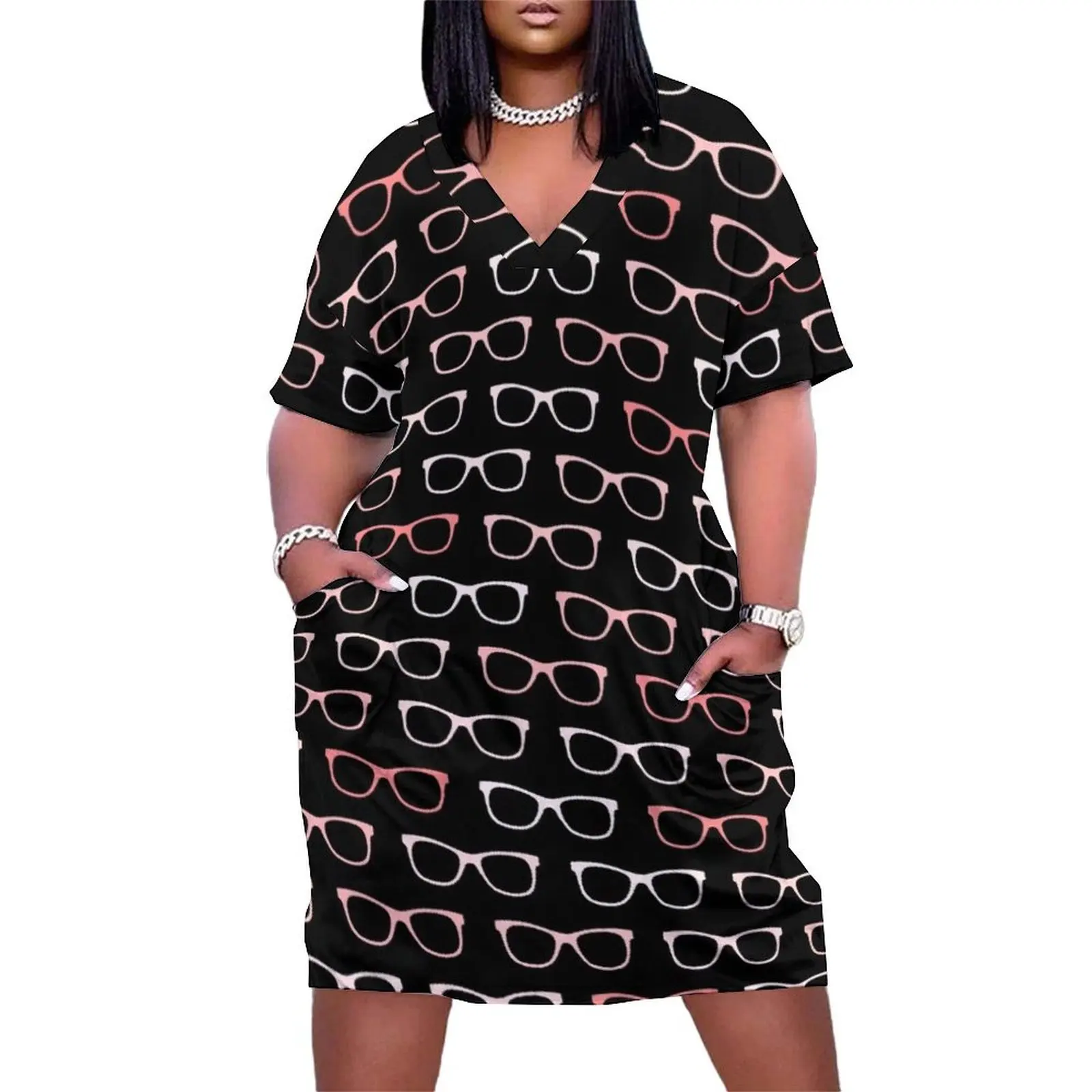 

Pink Black Hipster Eyeglasses Pattern Loose Pocket Dress women"s fashion dresses luxury dresses