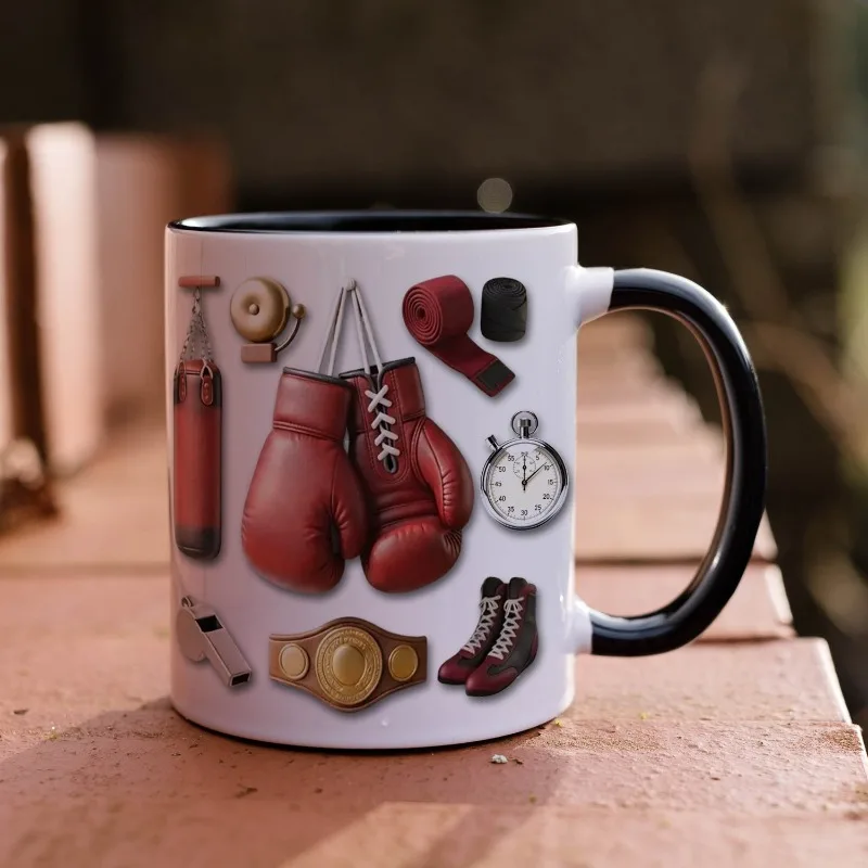 Boxing Theme Ceramic Mug Kickboxing Sport Coffee Cup Fitness Lovers Gift, 350‑400ml Office Tea Mug for Men