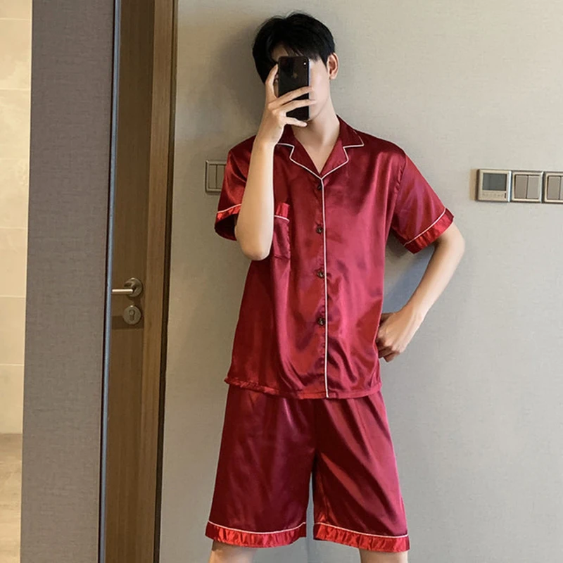 Summer New Pajamas For Man Big Size Satin Mens Pajama Sets Shorts Silk Short Sleeve Sleepwear Home Clothes Pijama Night Wear