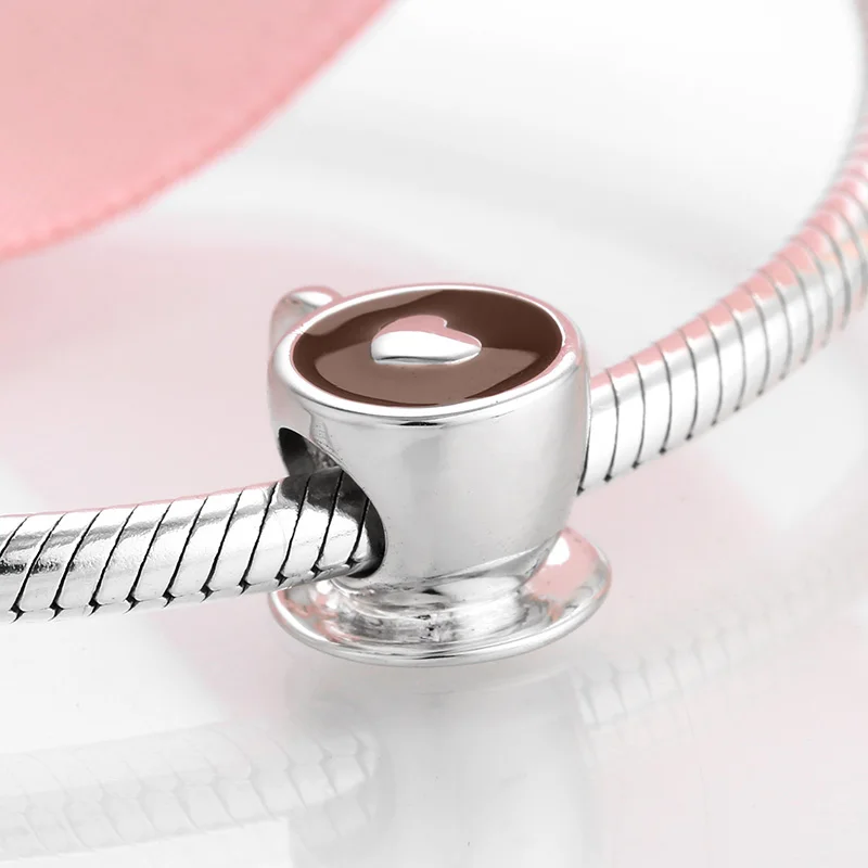 925 Sterling Silver Classic Coffee Latte Heart Pendant Charm Bead Fit Original Bracelet DIY Accessories