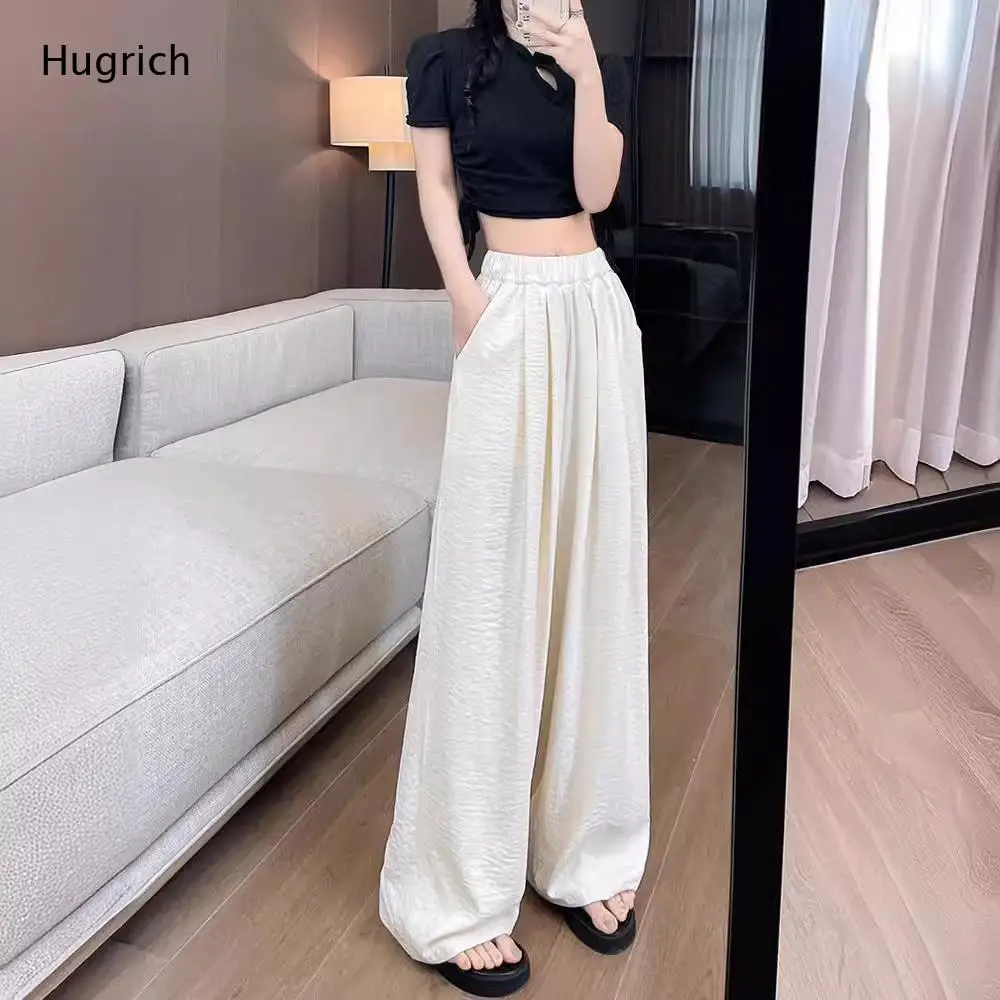 Elastic Waist Linen Wide Leg Trousers for Women Loose Casual Pants with Side Pockets for Streetwear and Vacation